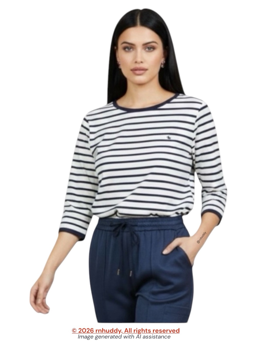 Lauren Ralph Lauren 2X blue/white striped 3/4 sleeve ribbed cotton tee